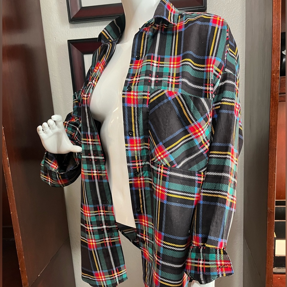 Vintage 90’s New Focus long Sleeve Shirt plaid Colorful Abstract Art To Wear